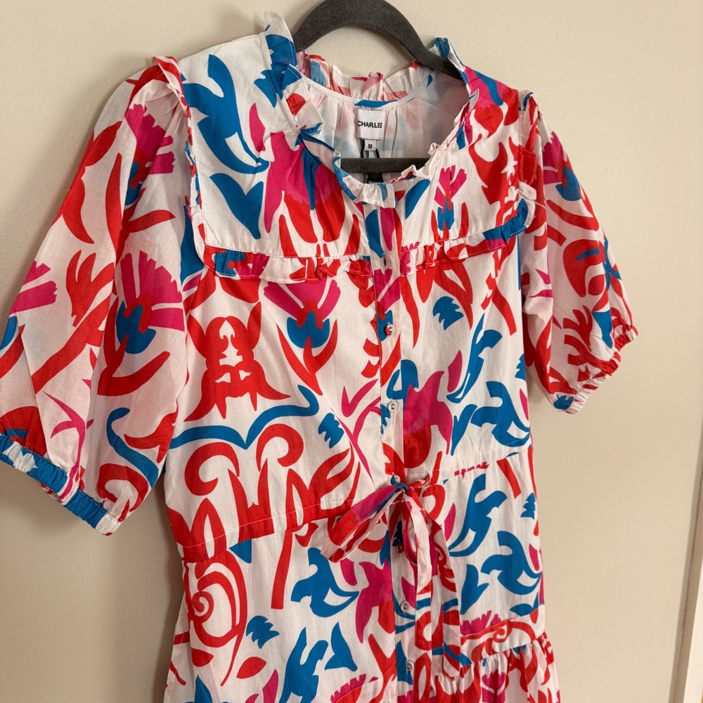 CHARLEE Taylor Dress Ikat Orange Abstract Print‎ Ruffle Tiered Midi Medium NEW - Picture 4 of 6
